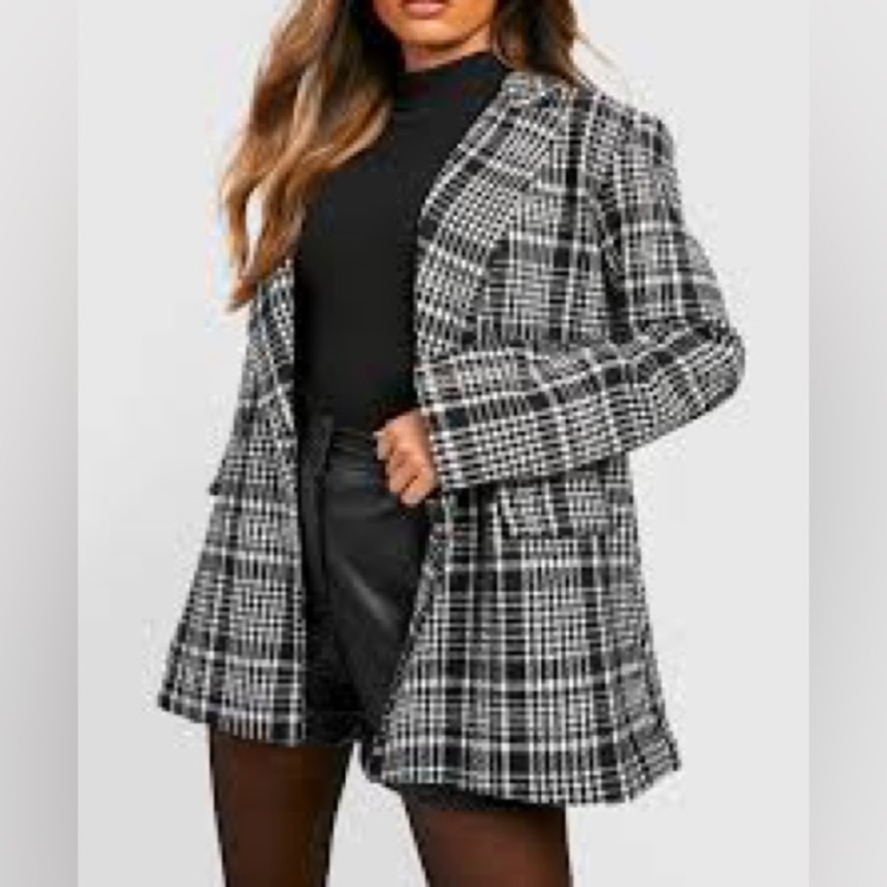 Boohoo 4 Monochrome Plaid Blazer Premium Dogtooth Check Tailored coat jacket S